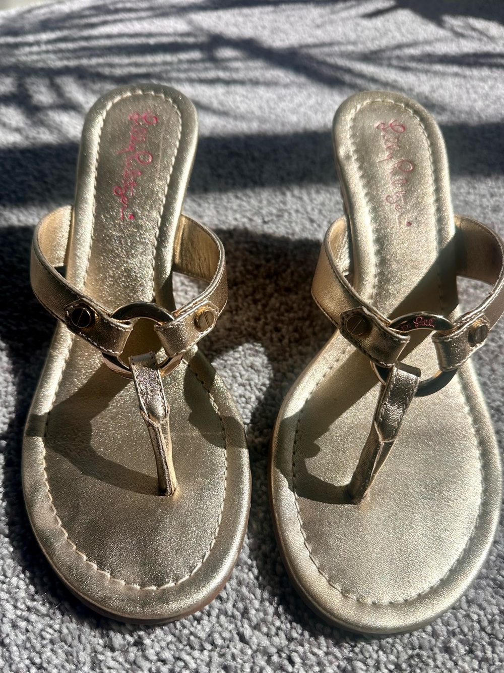 Like New Lilly Pulitzer McKim Leather Gold Wedge Sandal - Size 7M
